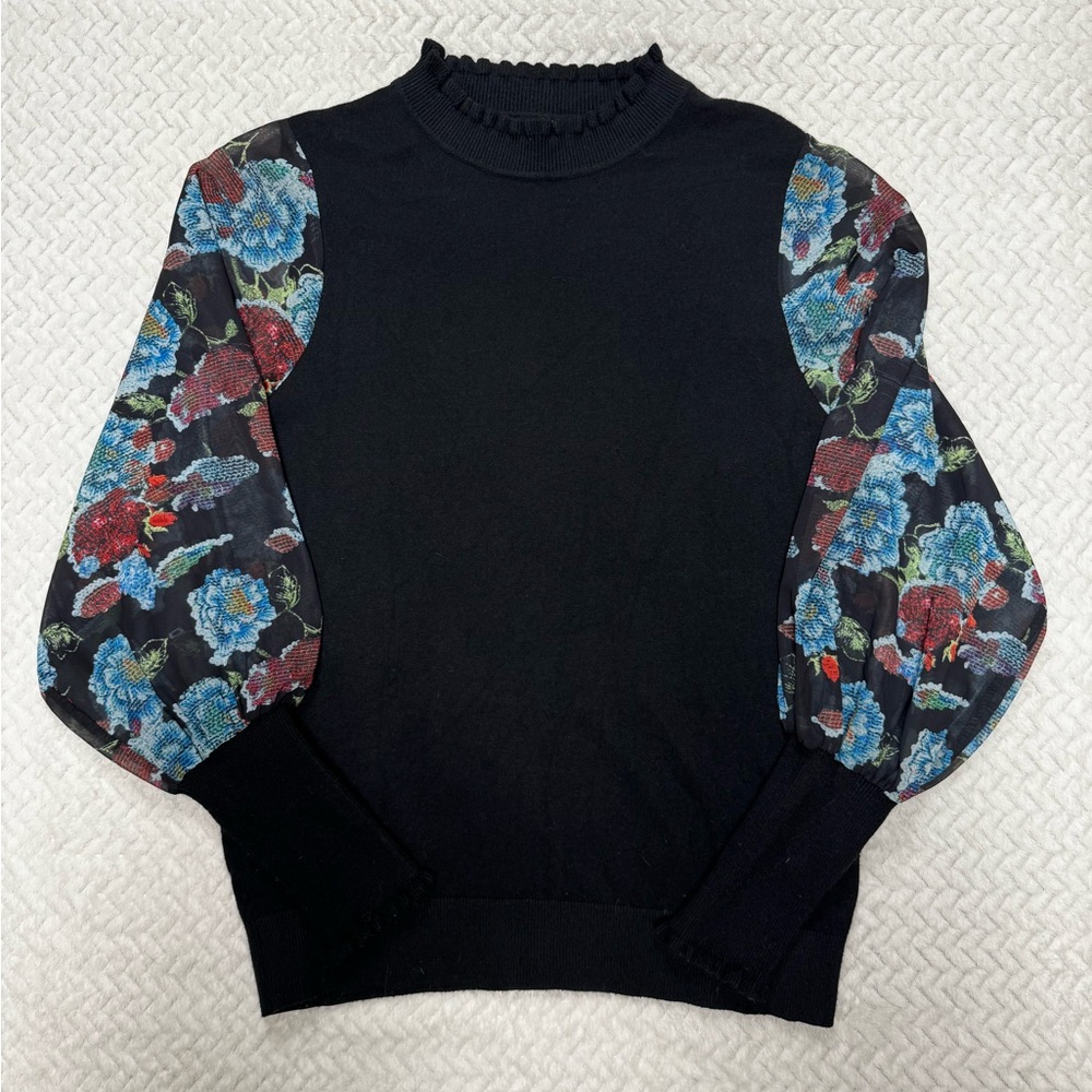 Sioni Milano Women’s Mock Neck Floral Sheer Sleeve Sweater Large